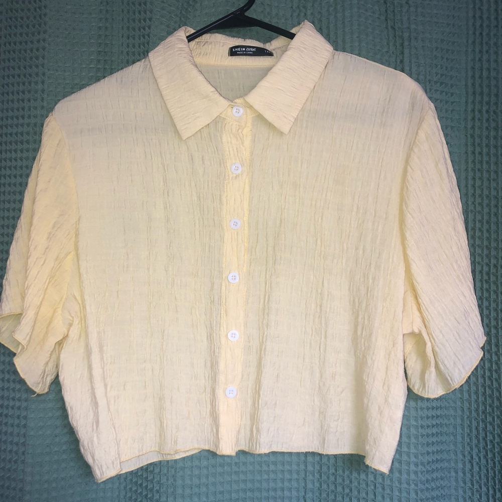 Shein Curve Pale Yellow Button Up Crop Shirt